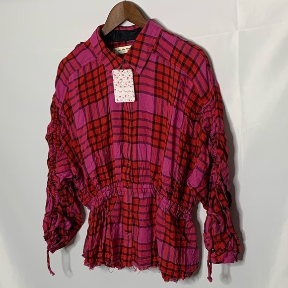 Free People Pacific Dawn Plaid Shirt Red Combo - Picture 3 of 8